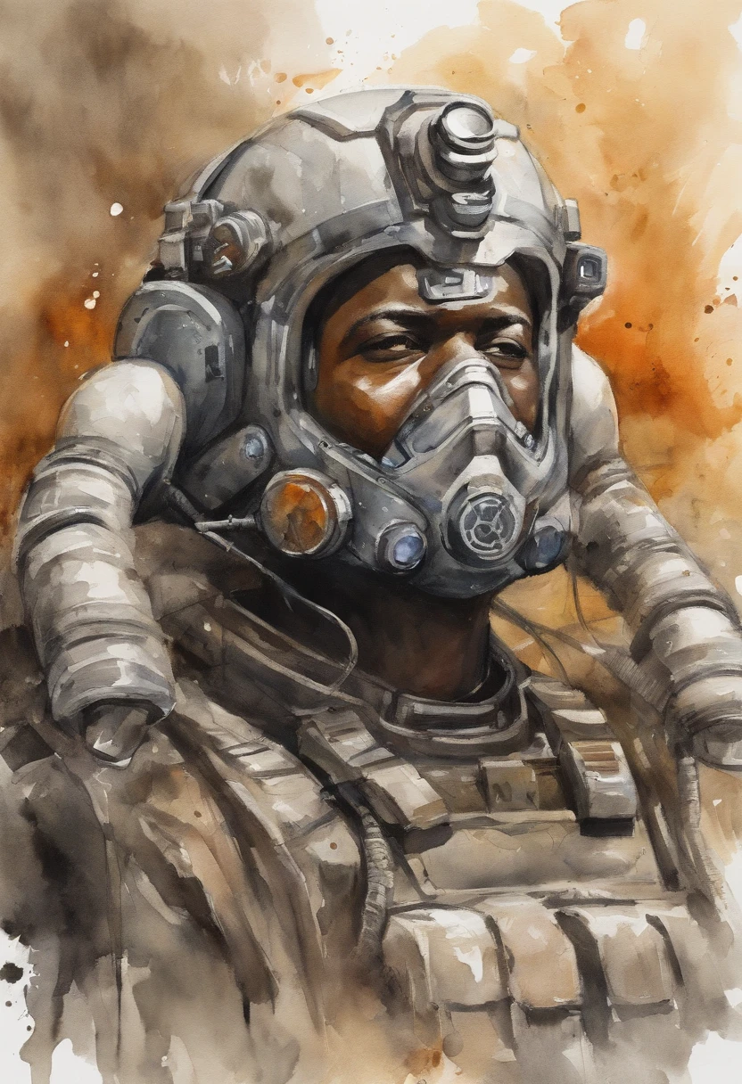 mech pilot, male, dark skin, (white hair), tired, rule of thirds, high quality background, ultra detailed scenery, ultra sharp focus, perfect professional photo, fatigues