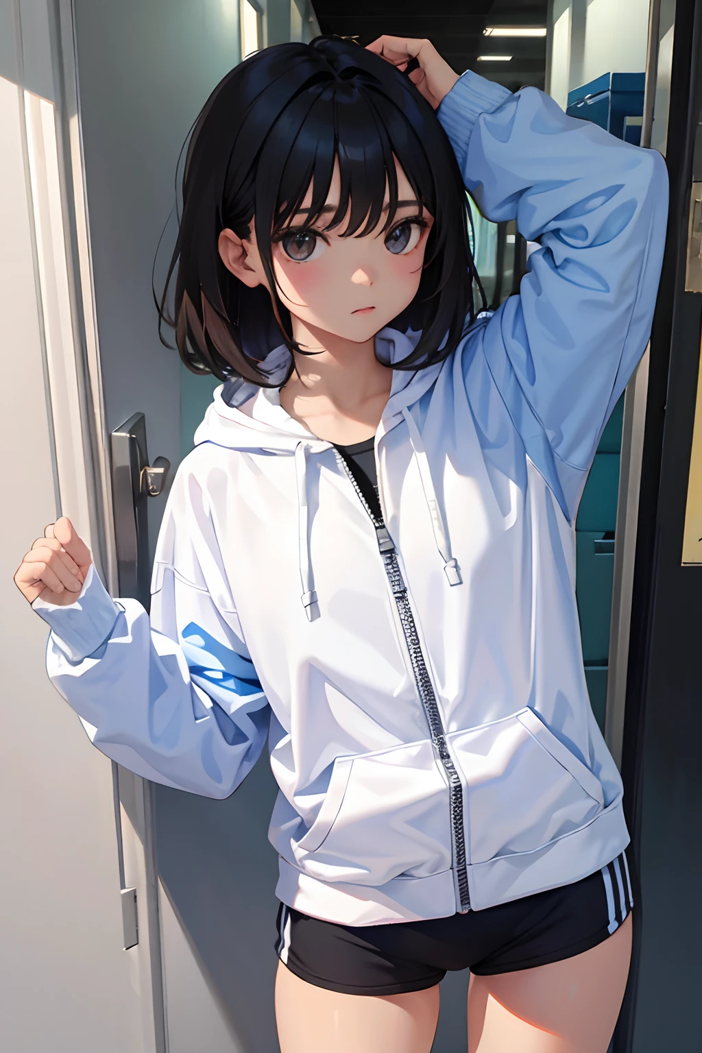child,(masterpiece,Highest Quality),Sportsbra,Zip Up,Lightweight hoodie,A dark-haired