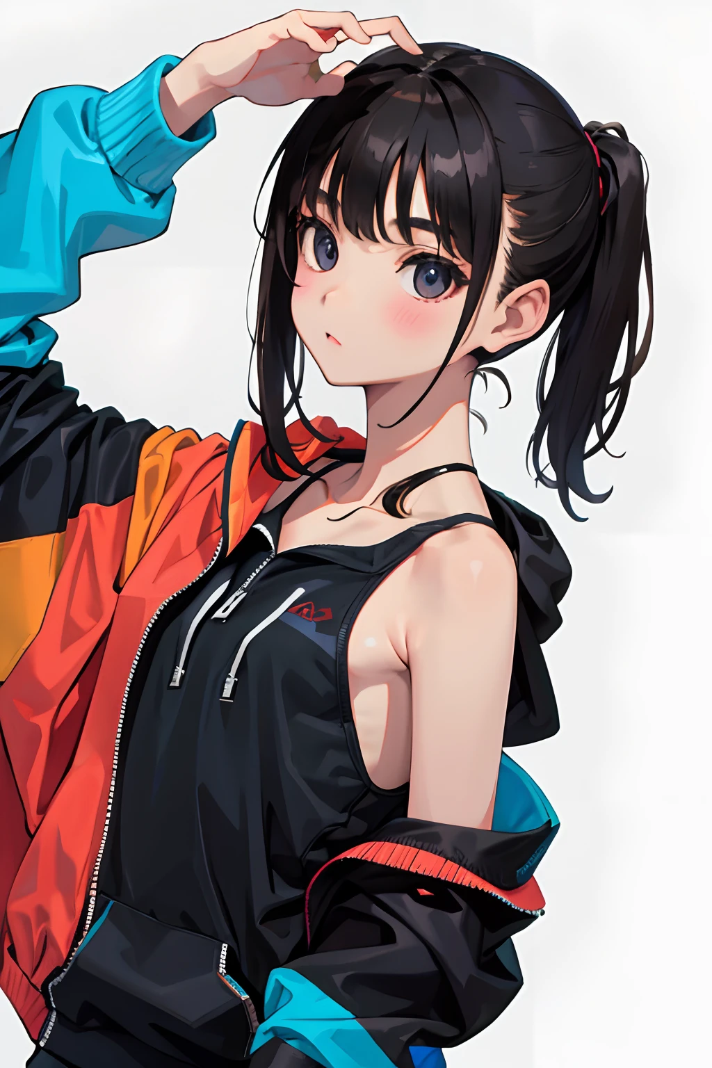 child,(masterpiece,Highest Quality),Sportsbra,Zip Up,Lightweight hoodie,A dark-haired
