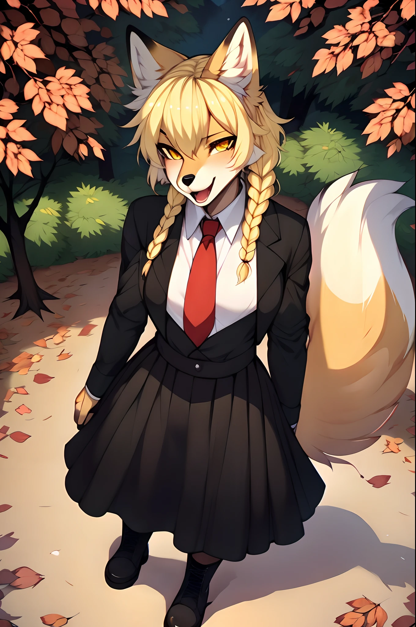 Kimiko, solo:1.3, yellow eyes, blonde hair, cute little fox tail, wearing black pea coat, black skirt, red tie, black boots, looking up at the sky, from above, standing, outdoors, at a public park, leaves scattered everywhere, brown leaves falling from the sky, smiling, mouth open, by tokifuji, by claweddrip