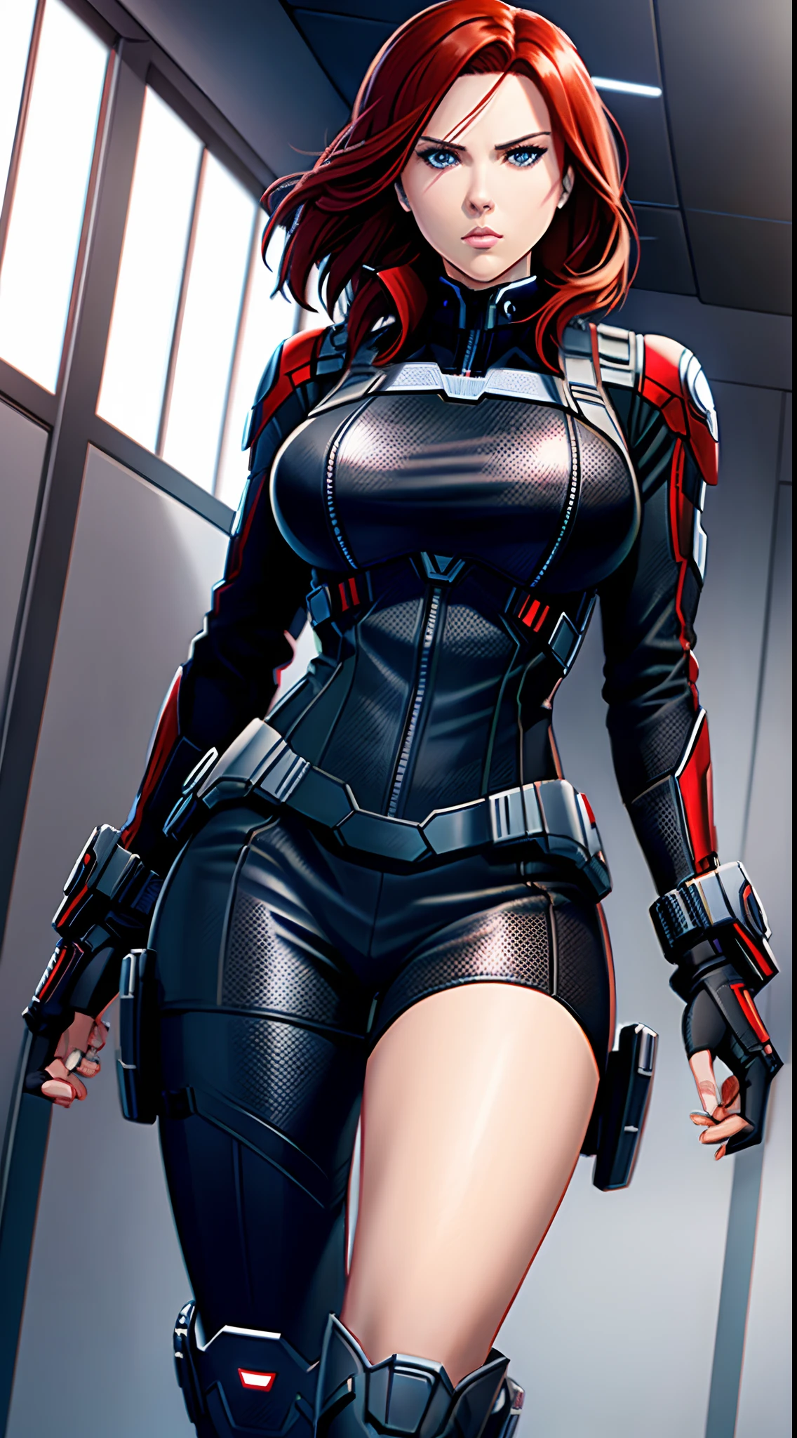1 female, black widow, natasha romanoff ,plain white background, masterpiece, 8k, UHD, HDR, very detailed, full body portrait, excellent quality, high resolution, anime art style, standing, serious face