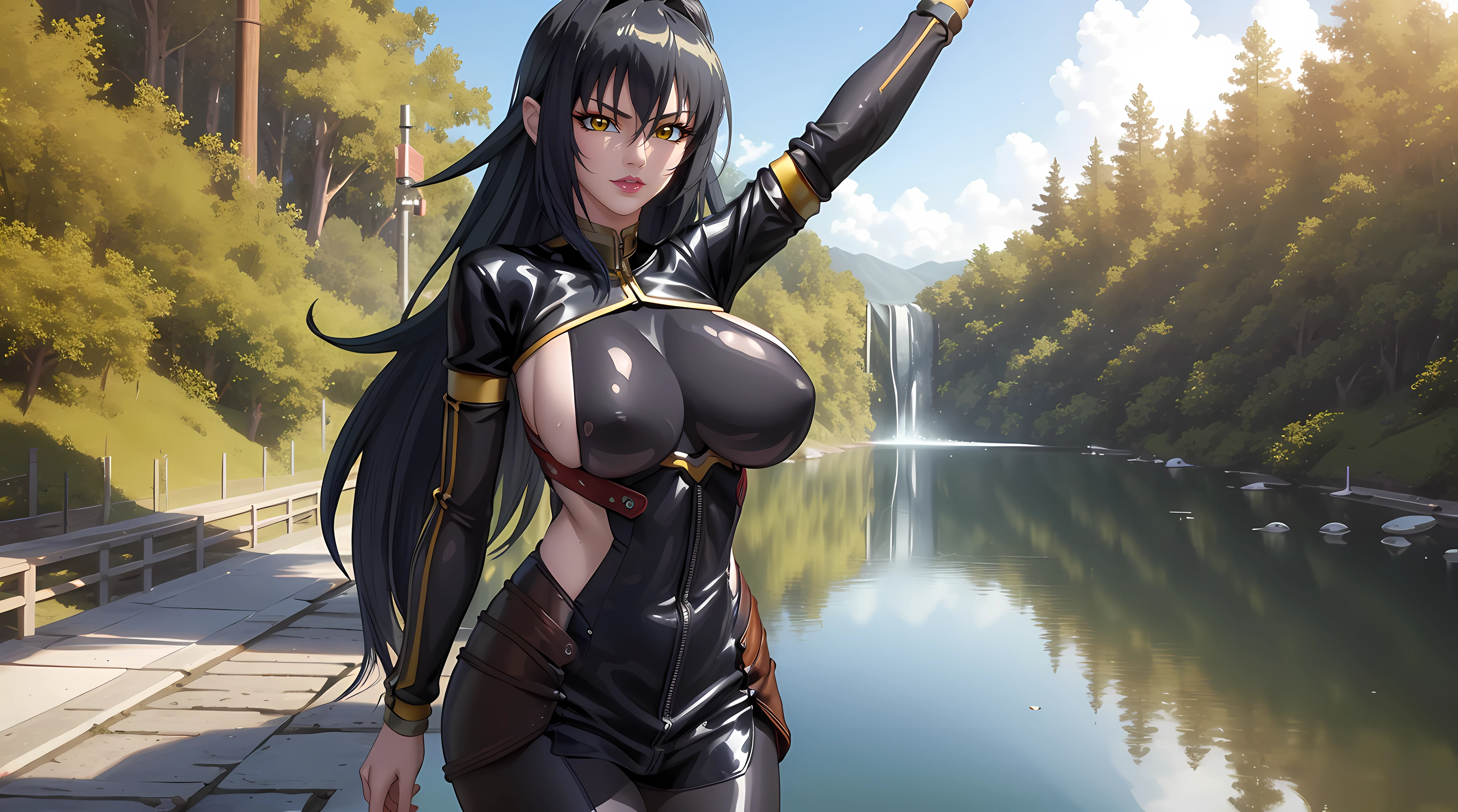 (masterpiece:1.4),(best quality:1.4), soft lighting, sunny light, beautiful face, beautiful eyes, cowboy shot,
Annerose, 1girl, solo, female mature, black hair, long hair, (yellow eyes:1.4), large breasts, bodysuit leather, skin tight, hair intakes, covered breasts, exquisite eyes detail, exquisite character design unity details 8k hdr, professional art, landscape, (solo:1.5, 1girl:1.4, cowboy shot:1.5), day, stand in the middle of lake surrounding by waterfall natural, sexy body, milf, 35 years old girl, big thighs, sexy waist, fully covered breasts