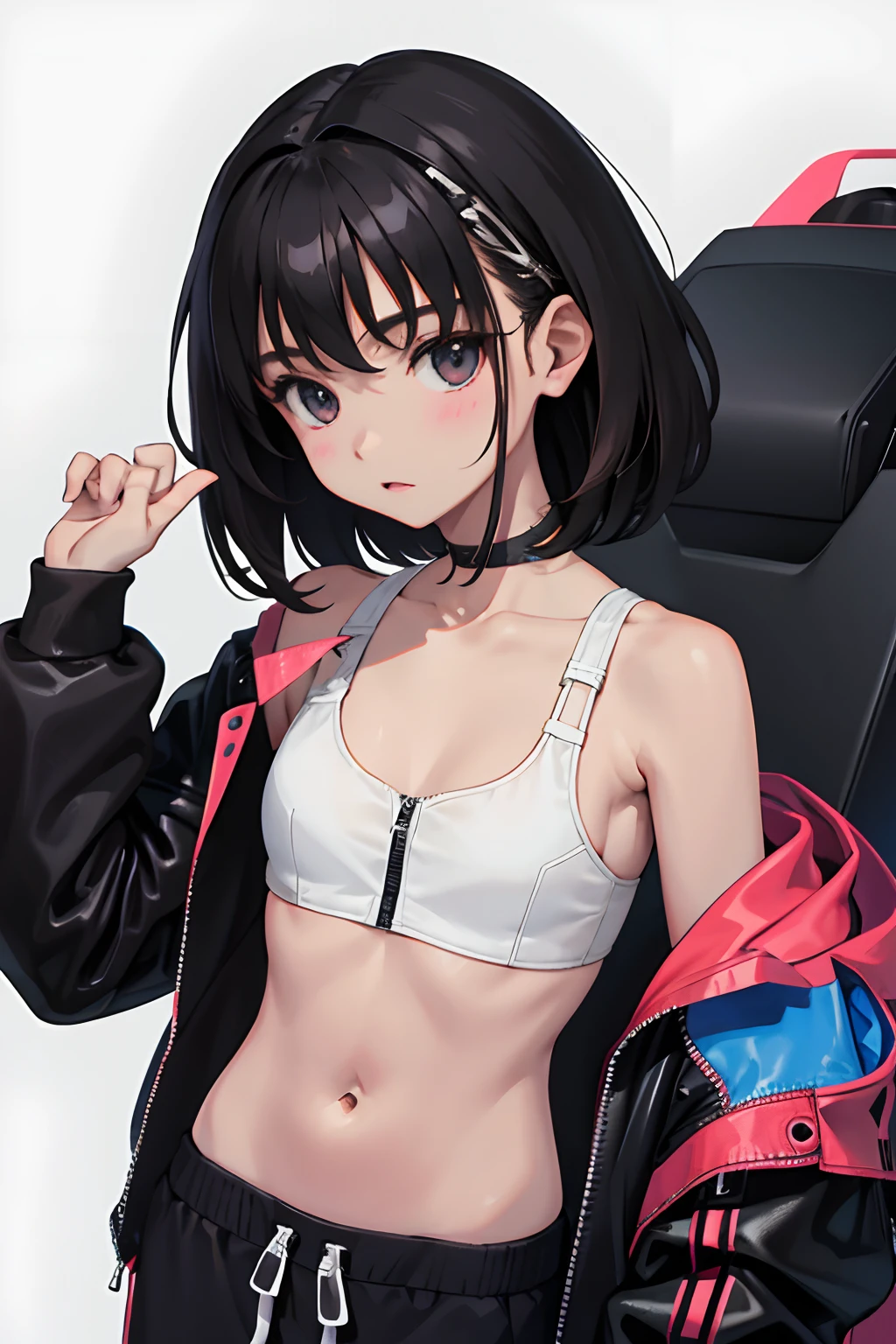 ,(masterpiece,Highest Quality),Sportsbra,Zip Up,Lightweight hoodie,A dark-haired
