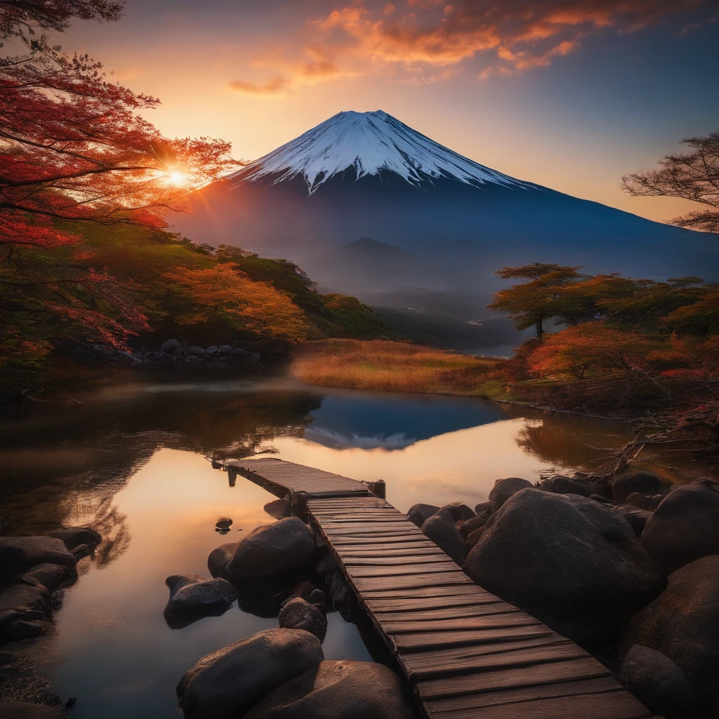 Master Parts、Superior Quality、superior image quality、The 8k quality、Beautiful photos of sunrise、magnifica、Mt fuji、Blue glowing lake:1.9