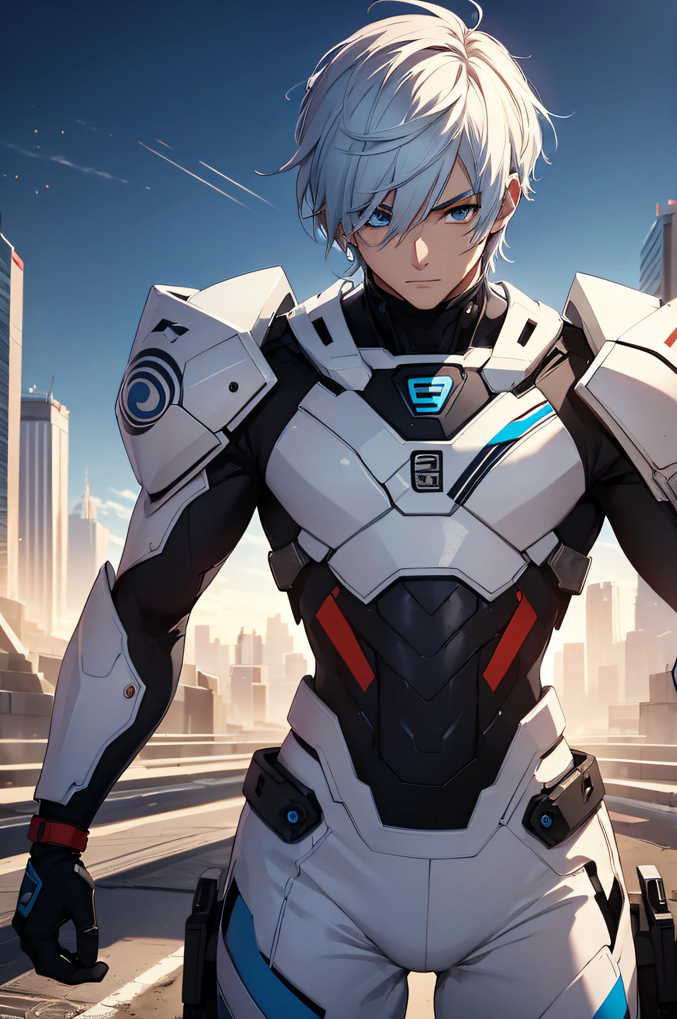 best qualityer,tmasterpiece,Ultimate resolution,top quality, detailed eyes, downy,Extremely colorful,Colorful,men combatants,a young handsome male,white short hair, combat suit, anime art, Steel City background,blue-sky,Normal posture,Normal posture