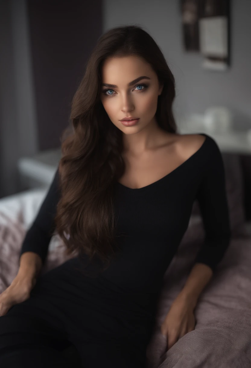 arafed woman fully , sexy girl with blue eyes, ultra realistic, meticulously detailed, portrait sophie mudd, dark hair and large eyes, selfie of a young woman, bedroom eyes, violet myers, without makeup, natural makeup, looking directly at the camera, face with artgram, subtle makeup, stunning full body shot kneeling on bed, in bedroom, large size bust