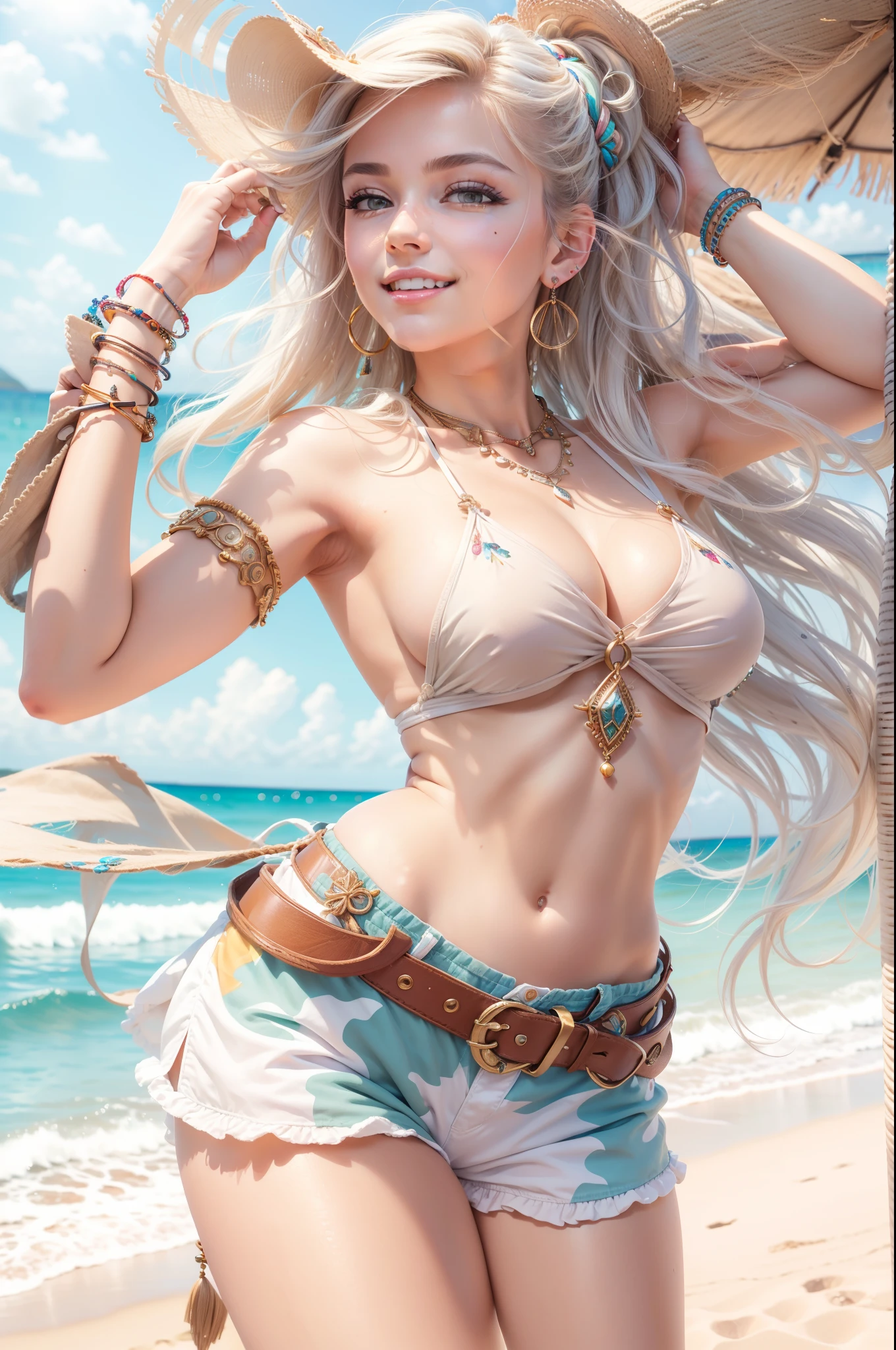 (Masterpiece: 1.5), (Best Quality: 1.5), High Resolution, High Detail, 1 Girl, Solo, Skin Highlight, Sharpen, Clear, straight hair, ponytail, multicolored hair, Jewelry, bracelet, earrings, cowboy shot, pale skin, smile, beach, tiny micro bikini