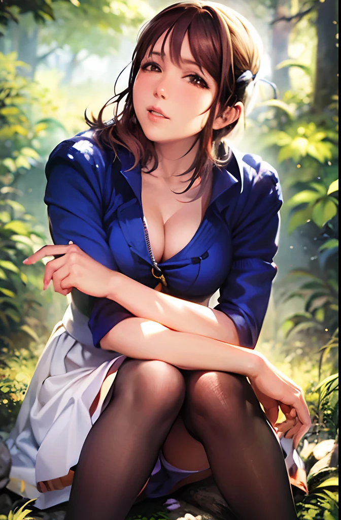 arafed asian woman sitting on a rock in a forest, closeup Iwakura Lain, Chiho Ashima, narumi kakinouchi, chiho, 奈良美智, Yuka Kazami, deayami kojima, nishimiya shouko, takada akemi, harumi, iwakura lain