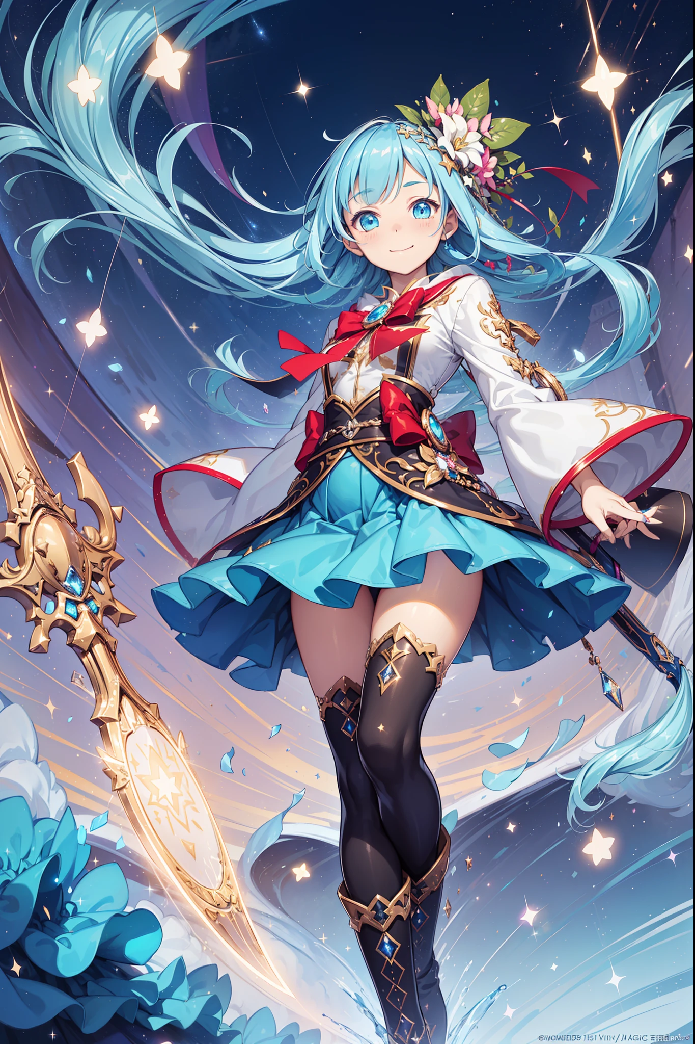 ((magical girl)), ((Gorgeous starry sky background)), ((Ultra-detailed)), ((Best Illustration)), ((Cinematic lighting)), Dynamic Angle, Floating, finely detailed,(Transparent outer skirt and streamers:1.1), (glitters:1.2), (Sparkle:1.2), (Shine:1.2), (Best quality), (Masterpiece:1.2), (Anime style), (Solo), Beautiful detailed face, (Cute face:1.3), Colorful hair, (Long hair:1.2), (Floating hair:1.2), (magical girl outfit), detailed outfits, (Sparkling wand:1.3), (Magical effect:1.3), (Flowing skirt:1.2), (Cute boots:1.1), (Transparent fabric:1.1), (Twinkle:1.2), (Glow:1.2), (Radiance:1.2), (Flicker:1.2), (Dazzle:1.2)