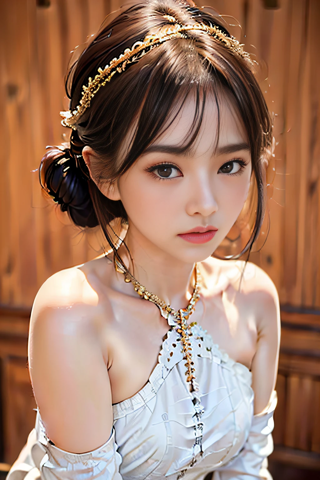 8K,(RAW photo),(highest quality), (realistic:1.4),realistic skin texture 1girl,cute,double eyelid,bangs,whole body,small,thin legs,(slender body shape),slim,smile,headgear,earrings,necklace,look looking at viewer,face focus,Depth of bounds written,club ,(Bust U...