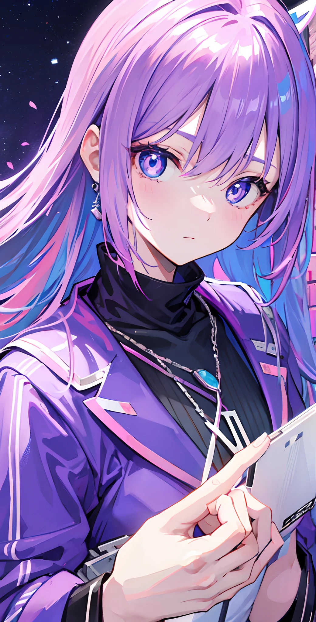 Pink-purple hair,Powder-blue pupils,Silver-blue pendant,A great beauty who captivates the country