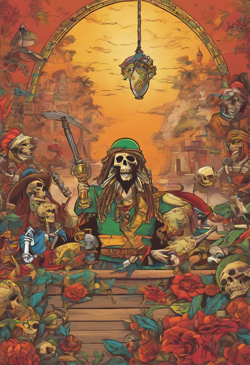 reggae, illustratio,Matte Effect[Matte Fukuto][Matt Fukuto], artistic,Singing, microphone, alcohol,skull, captain, Reggae skeletons are singing,livestream, banquet,wall paintings, goblet, a pirate, Skeleton Mask