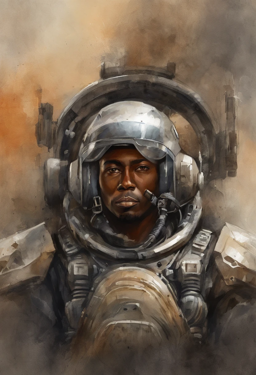 mech pilot, male, dark skin, big afro, tired, rule of thirds, high quality background, ultra detailed scenery, ultra sharp focus, perfect professional photo, fatigues