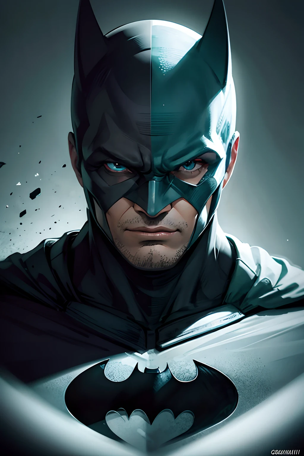 [O Batman Brasileiro], [digital illustation], [estilo sombrio], [André SombraArte], [art-station], [High definition to reveal determination], [Cores noturnas e misteriosas], [lighting dramatic], [Lente de close-up para enfatizar o rosto]