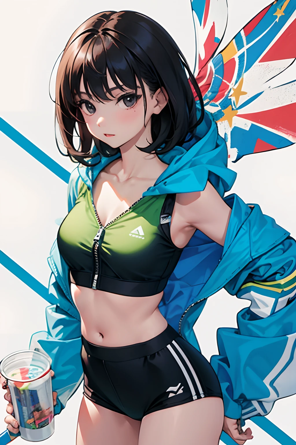 child,(masterpiece,Highest Quality),Sportsbra,Zip Up,Lightweight hoodie,A dark-haired