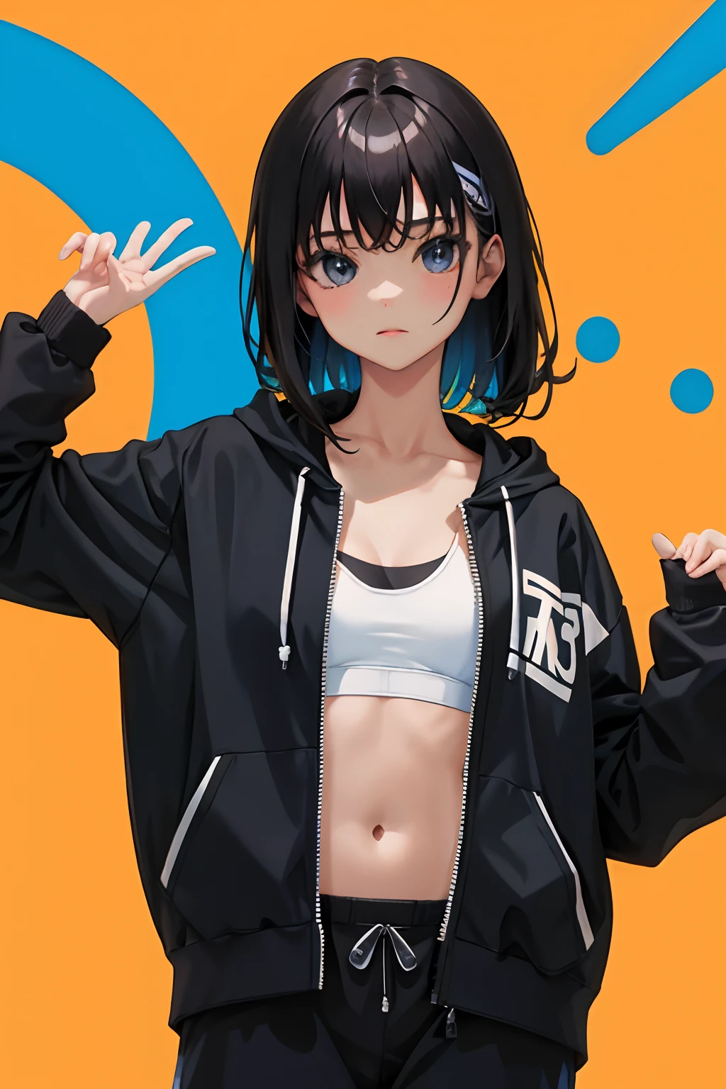 ，（​masterpiece，Highest Quality），Sportsbra，Lightweight hoodie，A dark-haired