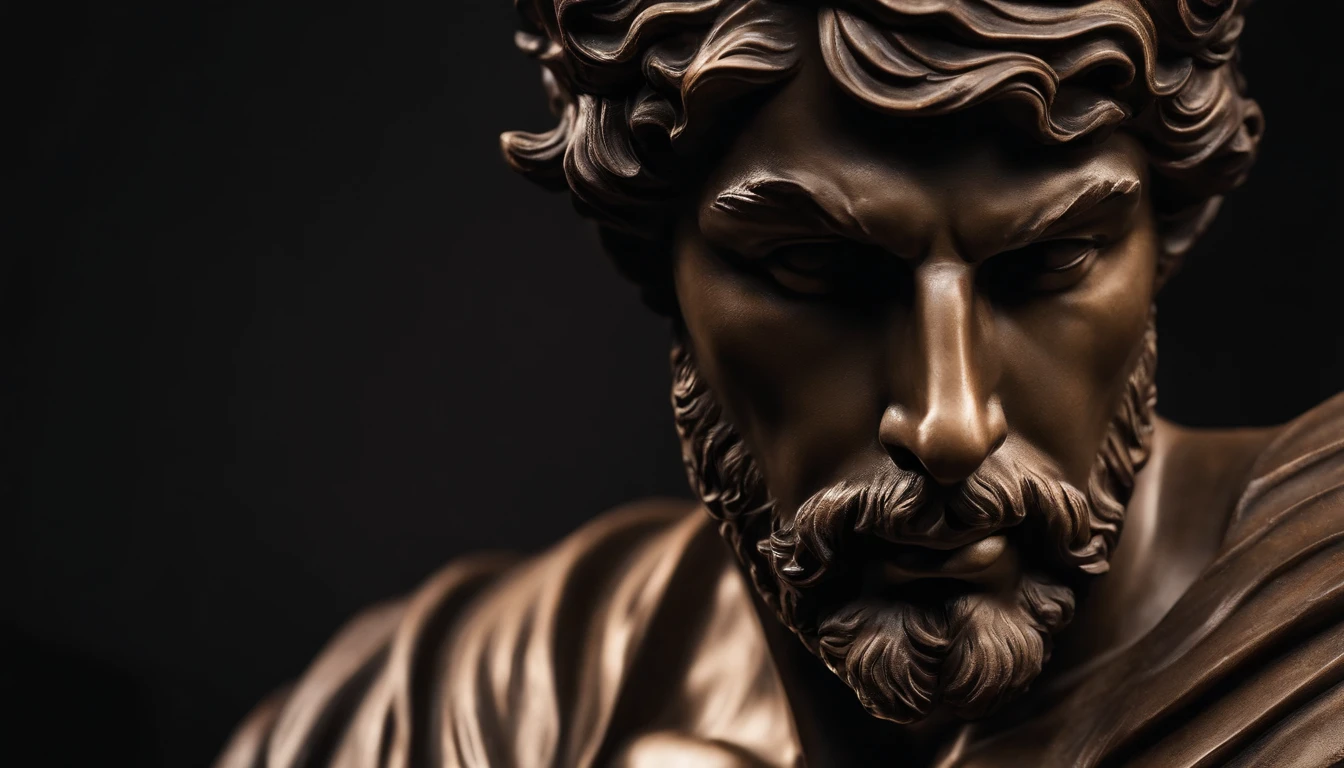 a closeup of a statue of a man, estilo cristiano ronaldo, contato visual, com barba curta, a dark marble sculpture of young man with muscles, classical realism, macho, wise, alfa, dark marble sculpture, Chiaroscuro