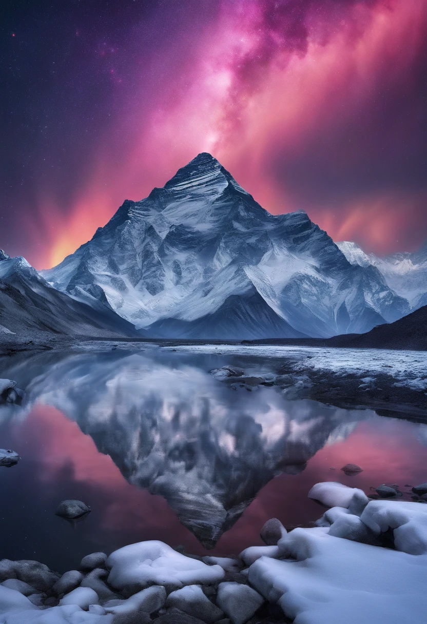 Mount Everest, Snow Mountain, lake, reflection on lake, aurora, night sky, star, (masterpiece:1.2), (vibrant:1.2), highly detailed, amazing wallpapers, surrealism