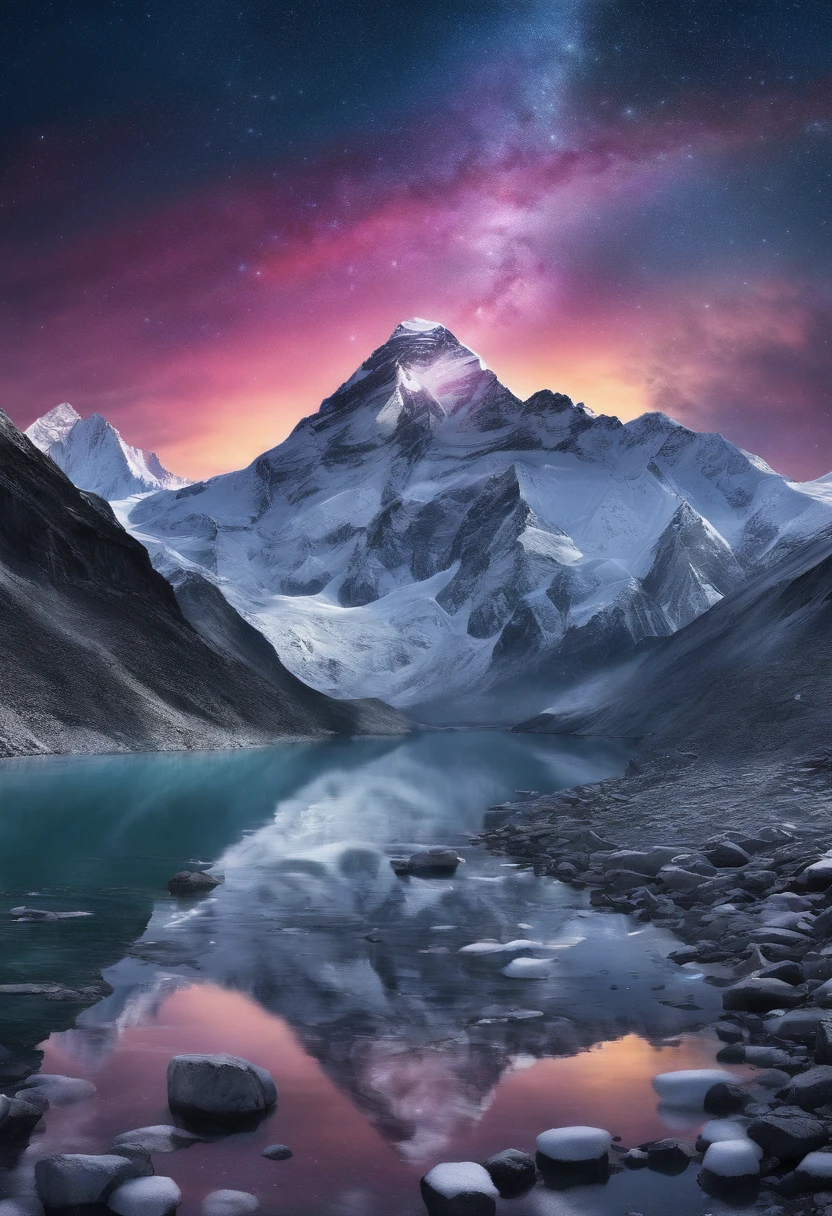 Mount Everest, Snow Mountain, lake, reflection on lake, aurora, night sky, star, (masterpiece:1.2), (vibrant:1.2), highly detailed, amazing wallpapers, surrealism