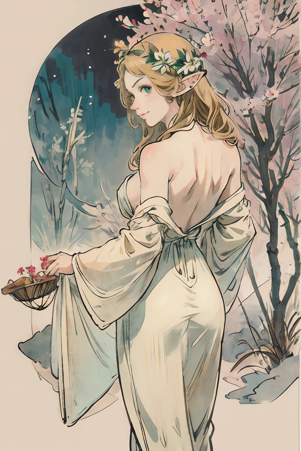 SFW,masutepiece, Best Quality, High resolution, 1girl in, Full body, Details Girl, detail hands, Detail fingers, Detail Face, detail legs, 1girl in, elf, age,Looking down, Flower Garden, Black sky, smog, watercolor paiting, pale skin, Petite, Blonde hair, Long hair, Wavy Hair, saddened, mournful smile, Green eyes, tareme, medium breasts, white sundress, Bare back, Planting trees