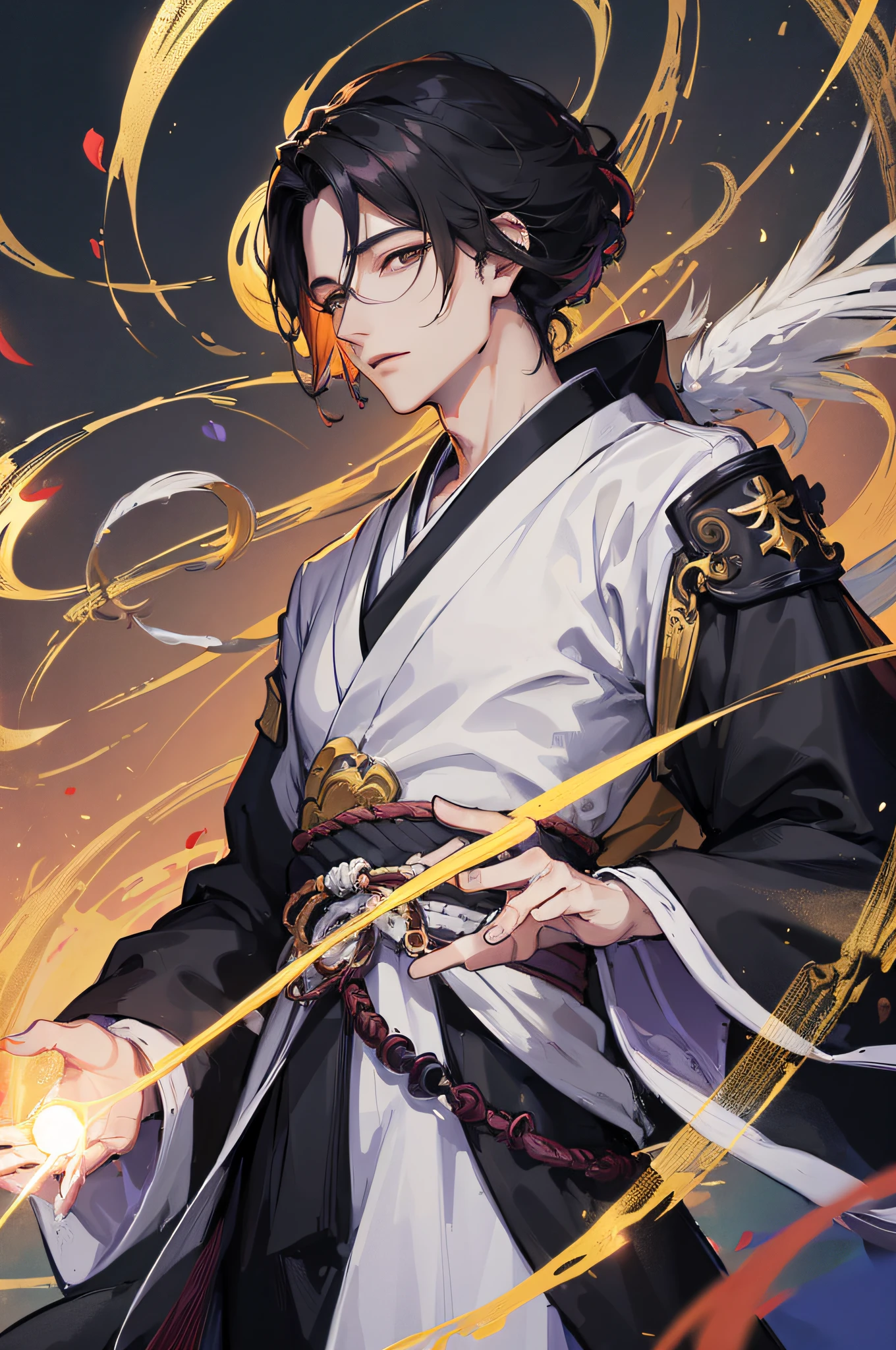 (masterpiece), best quality, ultra-high resolution, ((one man)), ((male)), elegant, japanese God, Tsukuyomi, expressive eyes, perfect face, half body, looking at viewer, dutch angle, cowboy shot, (long black hair), (golden eye color), handsome, night time, crescent moon, super detailed clothing, (japanese clothing, black blue long detailed kimono), hagoromo, seiren, dynamic light, beautiful colors, milky way, magical, Handsome guy in demon killer art, Onmyoji Portrait, Inspiriert von Seki Dosheng, von Yang J, Zhao Yun, handsome androgynous prince, inspiriert von Bian Shoumin, flowing white robe
