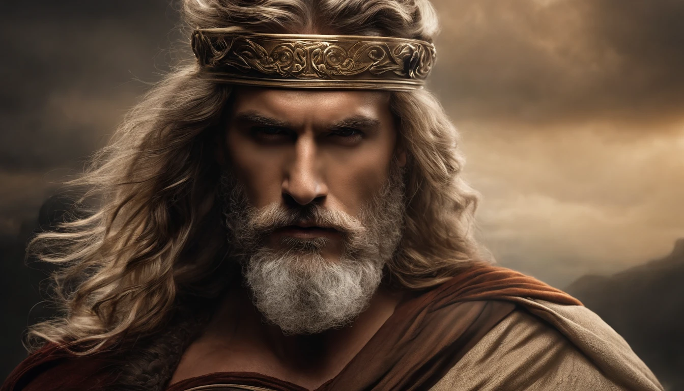 um close up de um homem, estilo zeus com sua ira, cabelo solto voando com o vento, contato visual, com barba curta, com musculos, classical realism, macho, wise, alfa, Dark background in ancient greece, com raios e tempestade