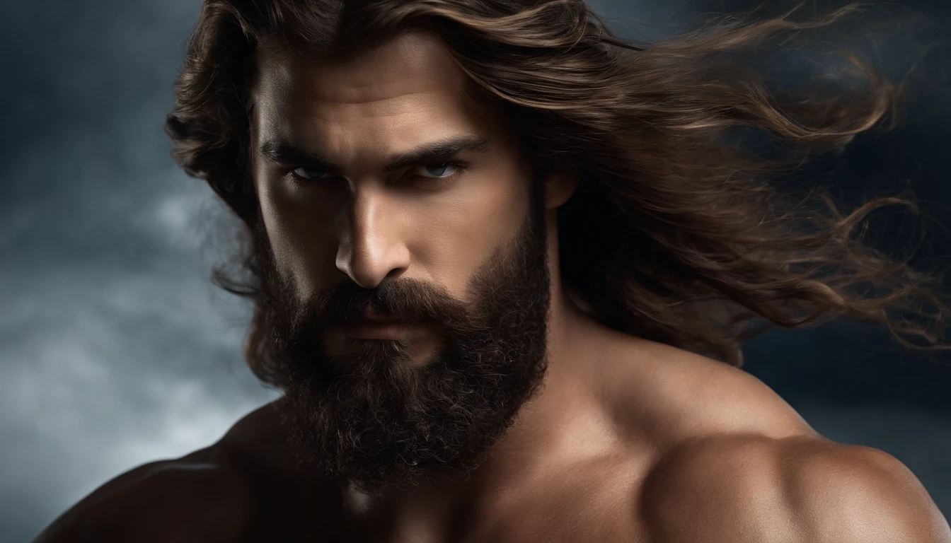 um close up de um homem, estilo zeus com sua ira, cabelo solto voando com o vento, contato visual, com barba curta, com musculos, classical realism, macho, wise, alfa, Dark background in ancient greece, com raios e tempestade