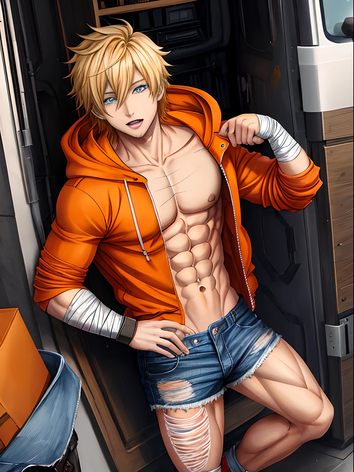 Kenny McCormick, anime, abs, masculine, blonde, blue eyes, adult, orange hoodie, fluffy hair, ripped jeans, bandages, scars