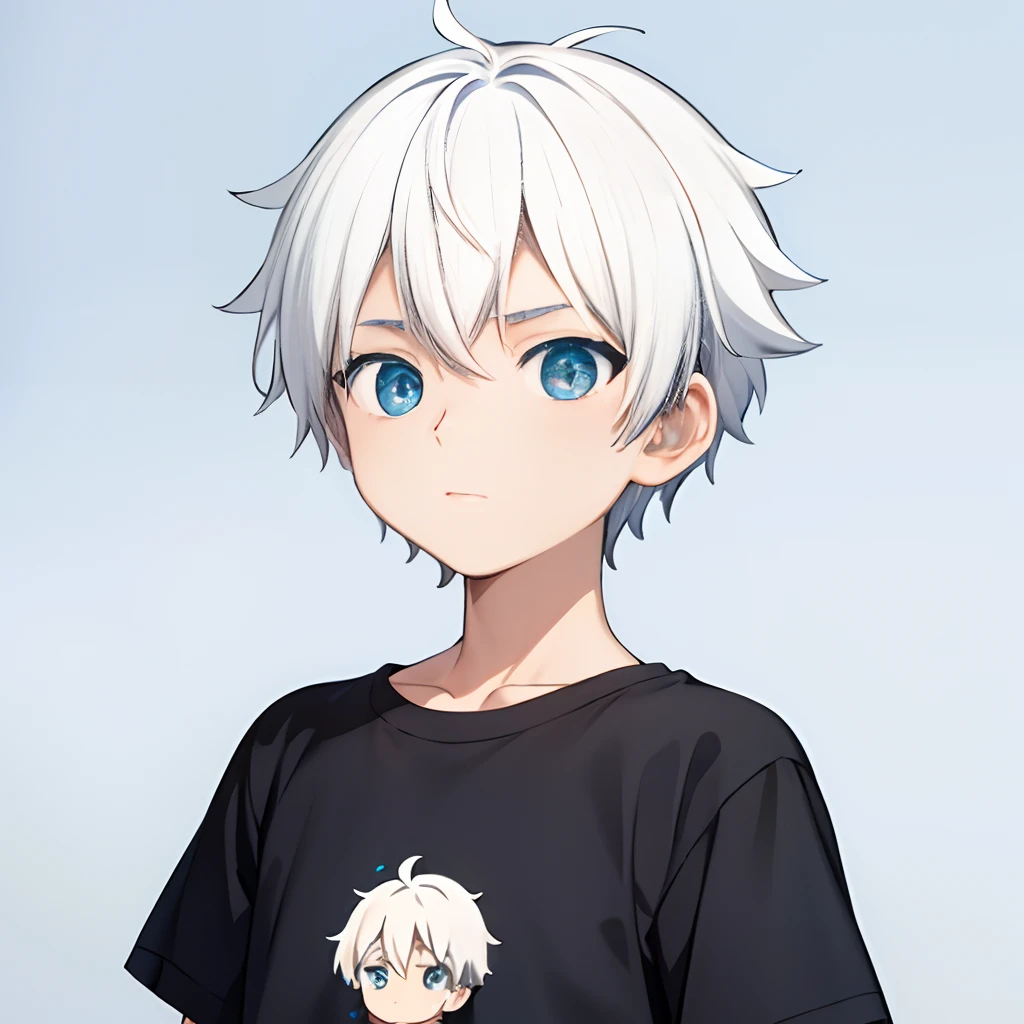 masterpiece, best quality, 1boy, tiny, black and blue t-shirt white hair 1:1 ,background blue, upper body, anime style, cartoon, in love