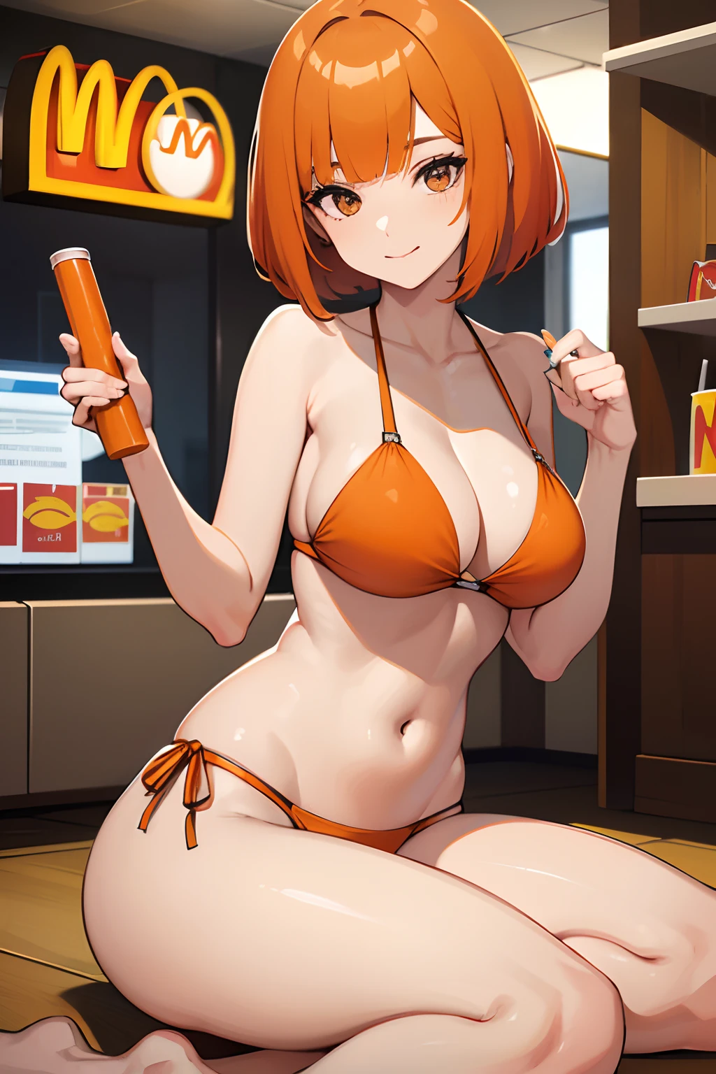 Mujer, (pechos grandes), ((corte bob recto)), ((cabello naranja)), (solo), sexy Orange hair, mcdonald's, bikini, straight bob cut