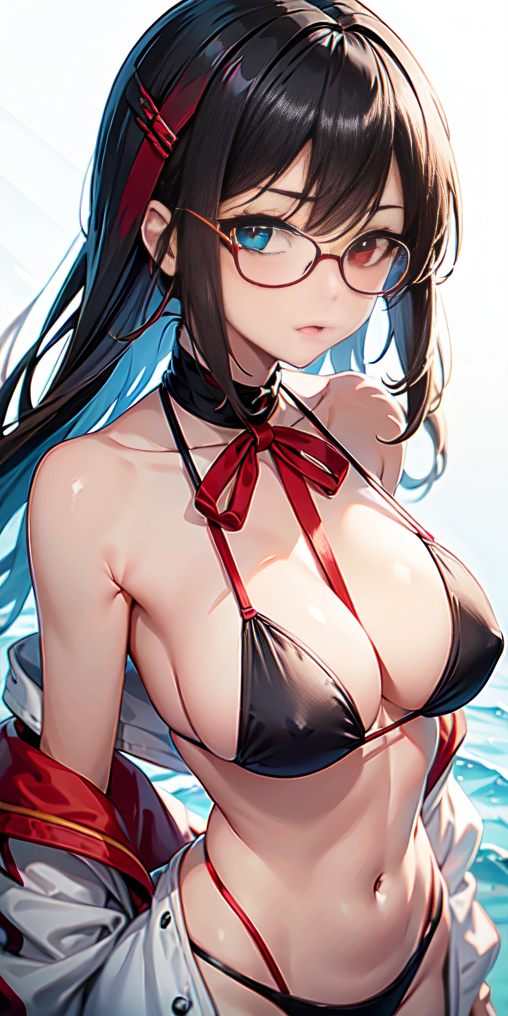 Lucia_crimson_color_Knitting, heterochromia, black bikini, bandaged arm, white jacket, red glasses around neck, looking at viewer, upper body