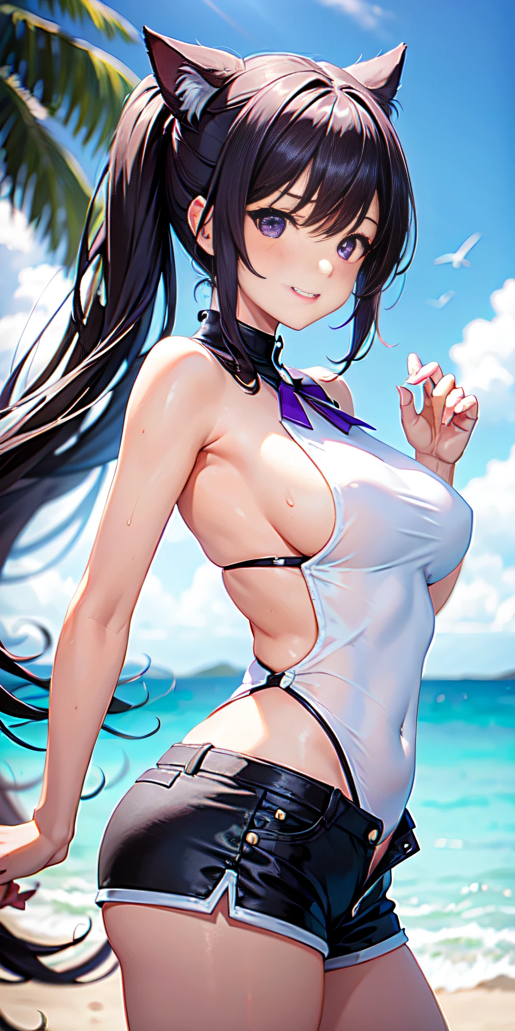 Young girl, Pelo largo y blanco, purple eyes, Orejas de gato, Superhero uniform, shorts, sin mangas, vientre abierto, Sideboob interno, sonrisa afectada, Obra maestra, alta calidad