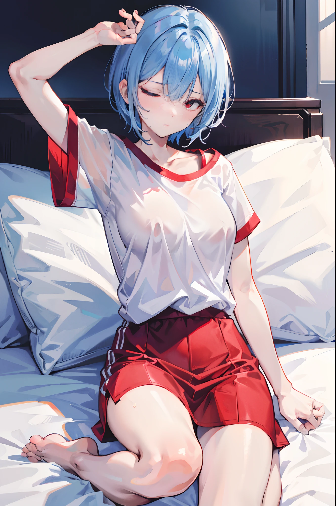 short blue hair, red eyes, wearing loose white t-shirt, no legwear, girl stretching on the bed, high angle shot close up to her face, yawn expression, closed eyes, barefoot, arms up, sweaty, bedroom, absurdres, high res, ultrasharp, 8K, masterpiece