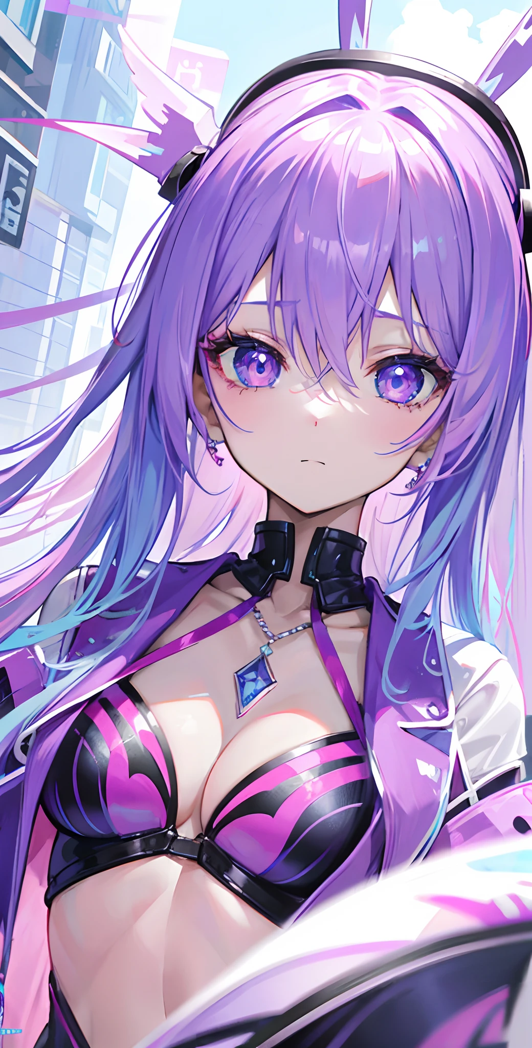 Pink-purple hair,Powder-blue pupils,Silver-blue pendant,A great beauty who captivates the country