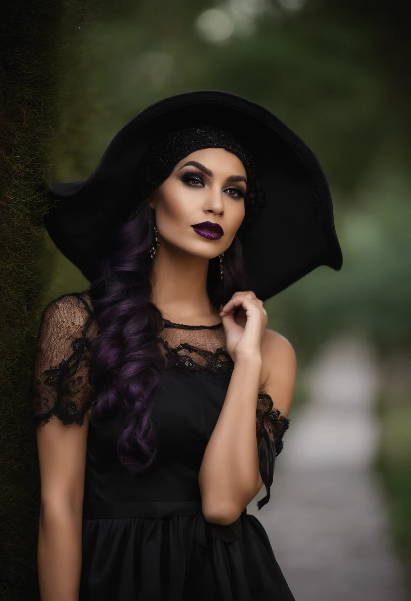 Uma mulher jovem, com a pele morena, altura mediana, cabelos pretos, hair with braids and fringes, Gothic dress, vestido preto, vestido estilo boiadeiro, wearing black hat on head, vestido com manga longa preto, bota preta, bota comprida, tem cinto preto, boca com batom roxo e sombra preta, gothic scenario.