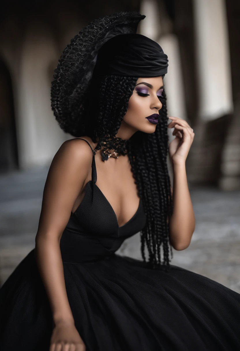 Uma mulher jovem, com a pele morena, altura mediana, cabelos pretos, hair with braids and fringes, Gothic dress, vestido preto, vestido estilo boiadeiro, wearing black hat on head, vestido com manga longa preto, bota preta, bota comprida, tem cinto preto, boca com batom roxo e sombra preta, gothic scenario.