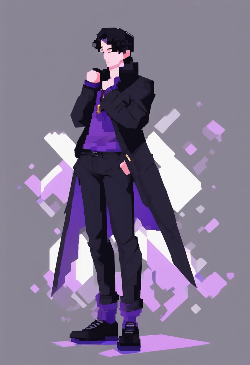 Man with short straight black hair, eyes closed, beautiful, apathetic face, wearing a black coat with purple details, black fabric pants, black shoes, necklace with a single purple stone. 4khd,