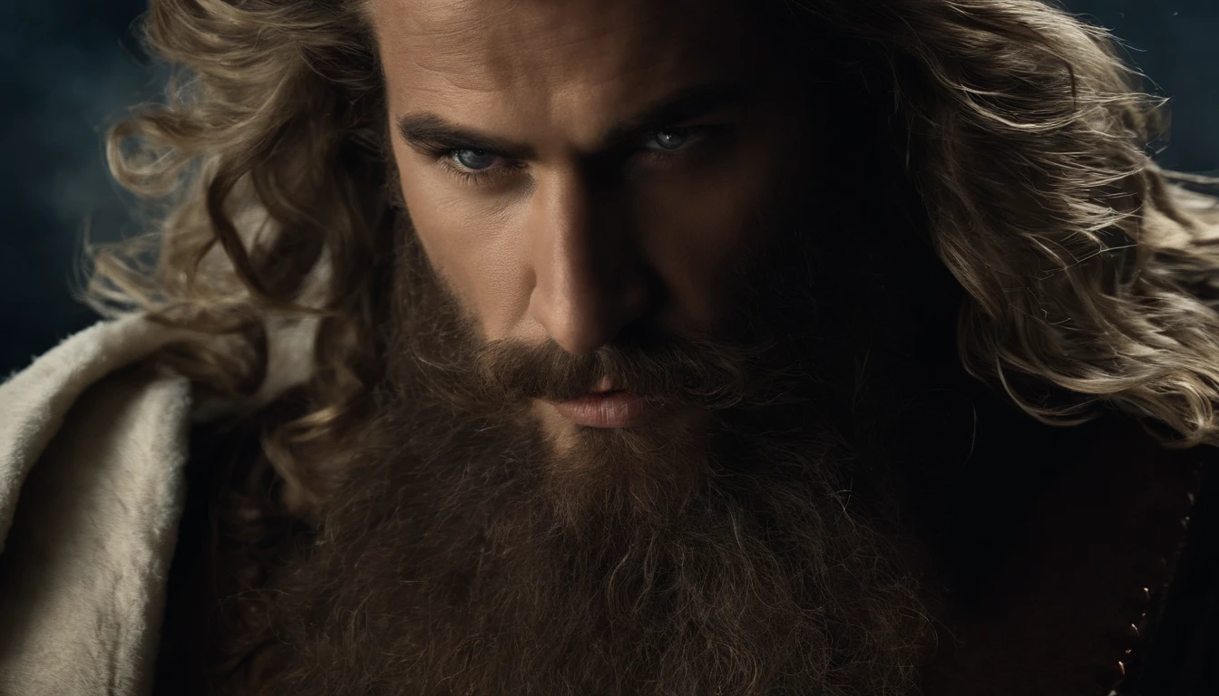um close up de um homem, estilo zeus com sua ira, cabelo solto voando com o vento, contato visual, com barba curta, com musculos, classical realism, macho, wise, alfa, Dark background in ancient greece, com raios e tempestade