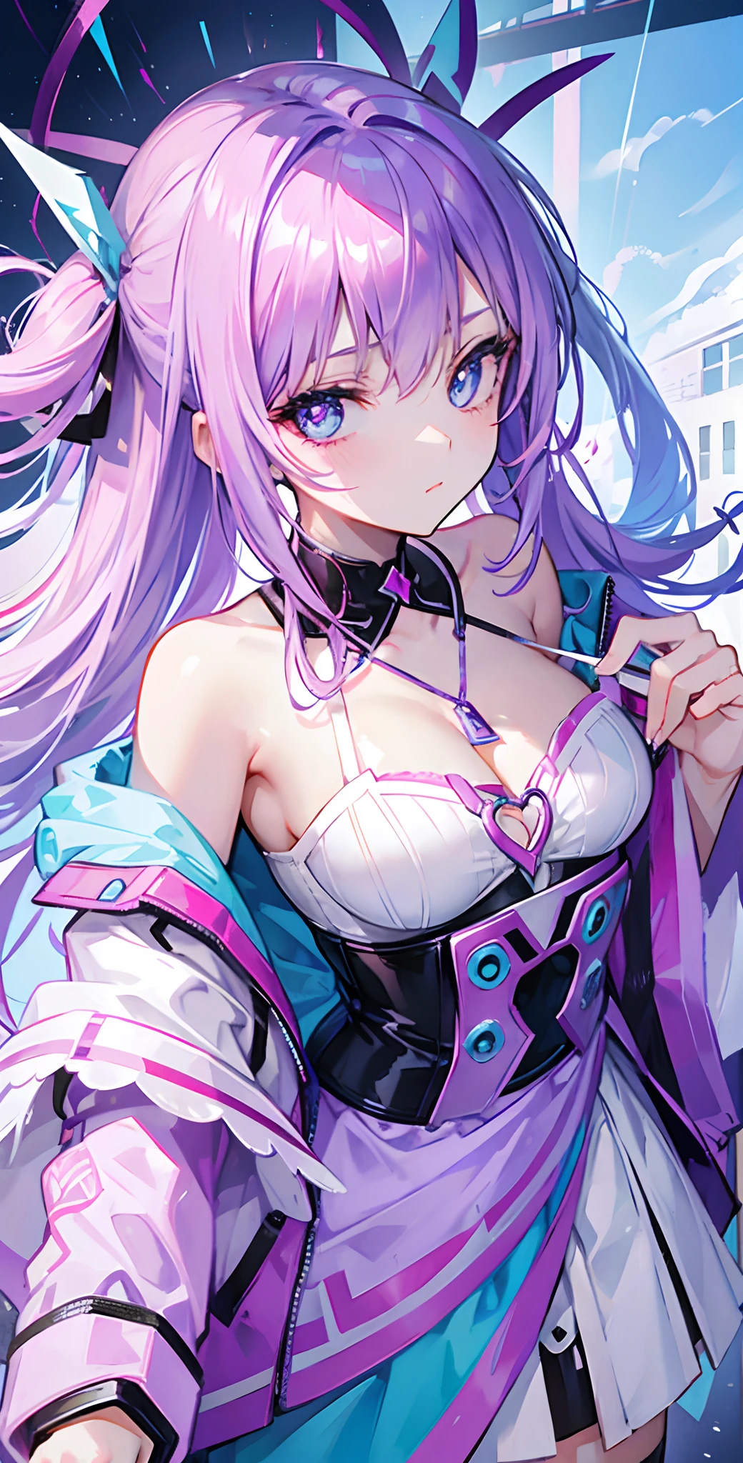 Pink-purple hair,Powder-blue pupils,Silver-blue pendant,A great beauty who captivates the country