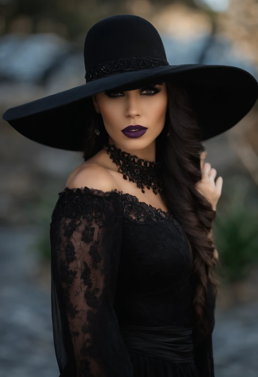 Uma mulher jovem, com a pele morena, altura mediana, cabelos pretos, hair with braids and fringes, Gothic dress, vestido preto, vestido estilo boiadeiro, wearing black hat on head, vestido com manga longa preto, bota preta, bota comprida, tem cinto preto, boca com batom roxo e sombra preta, gothic scenario, em formato desenho realista 8k.