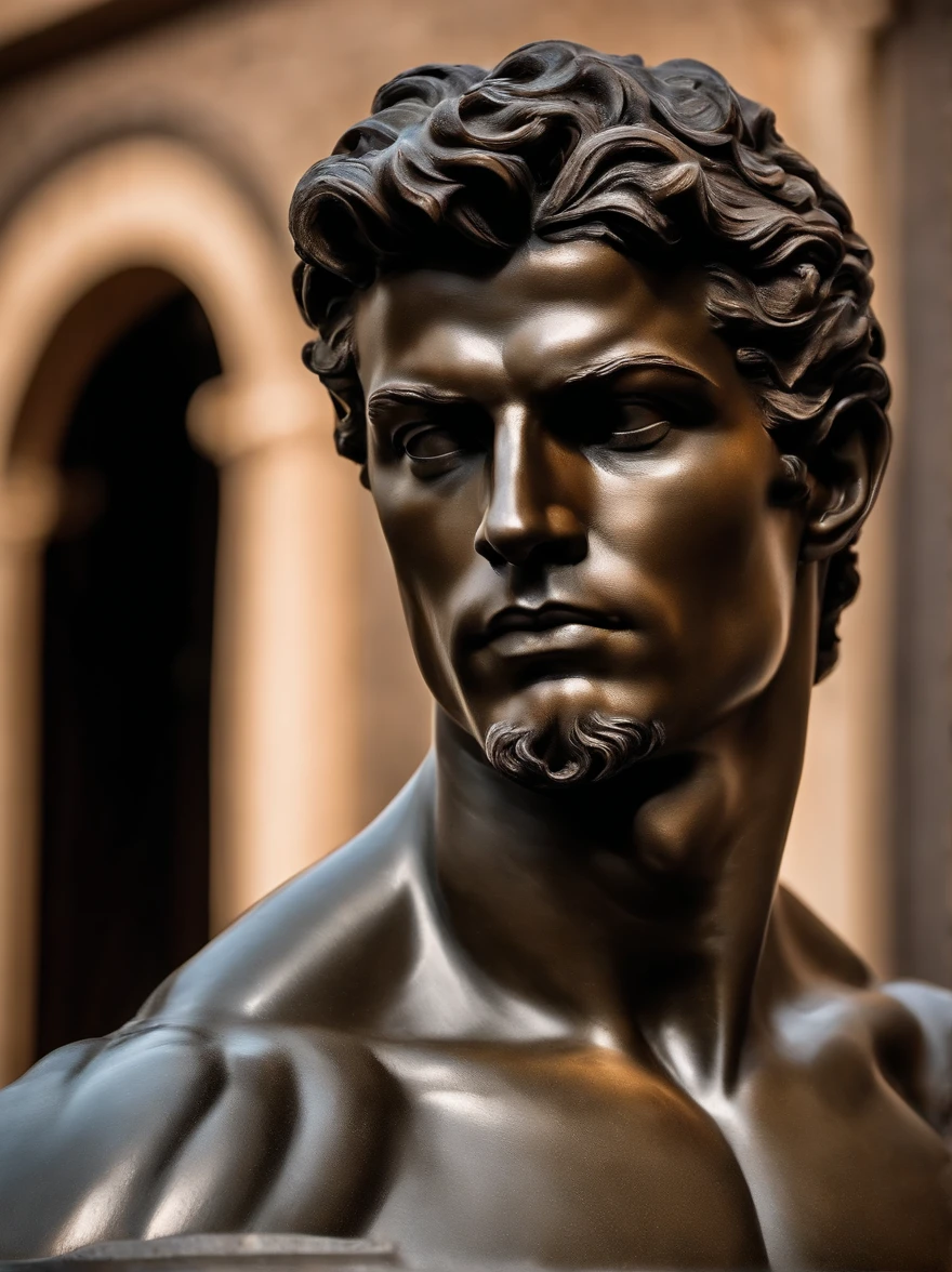 a closeup of a statue of a man, estilo cristiano ronaldo, com barba curta, a dark marble sculpture of young man with muscles, classical realism, macho, wise, alfa, dark marble sculpture, Chiaroscuro