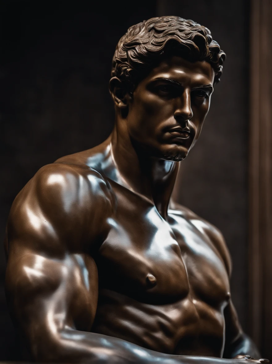 a closeup of a statue of a man, estilo cristiano ronaldo, contato visual, com barba curta, a dark marble sculpture of young man with muscles, classical realism, macho, wise, alfa, dark marble sculpture, Chiaroscuro
