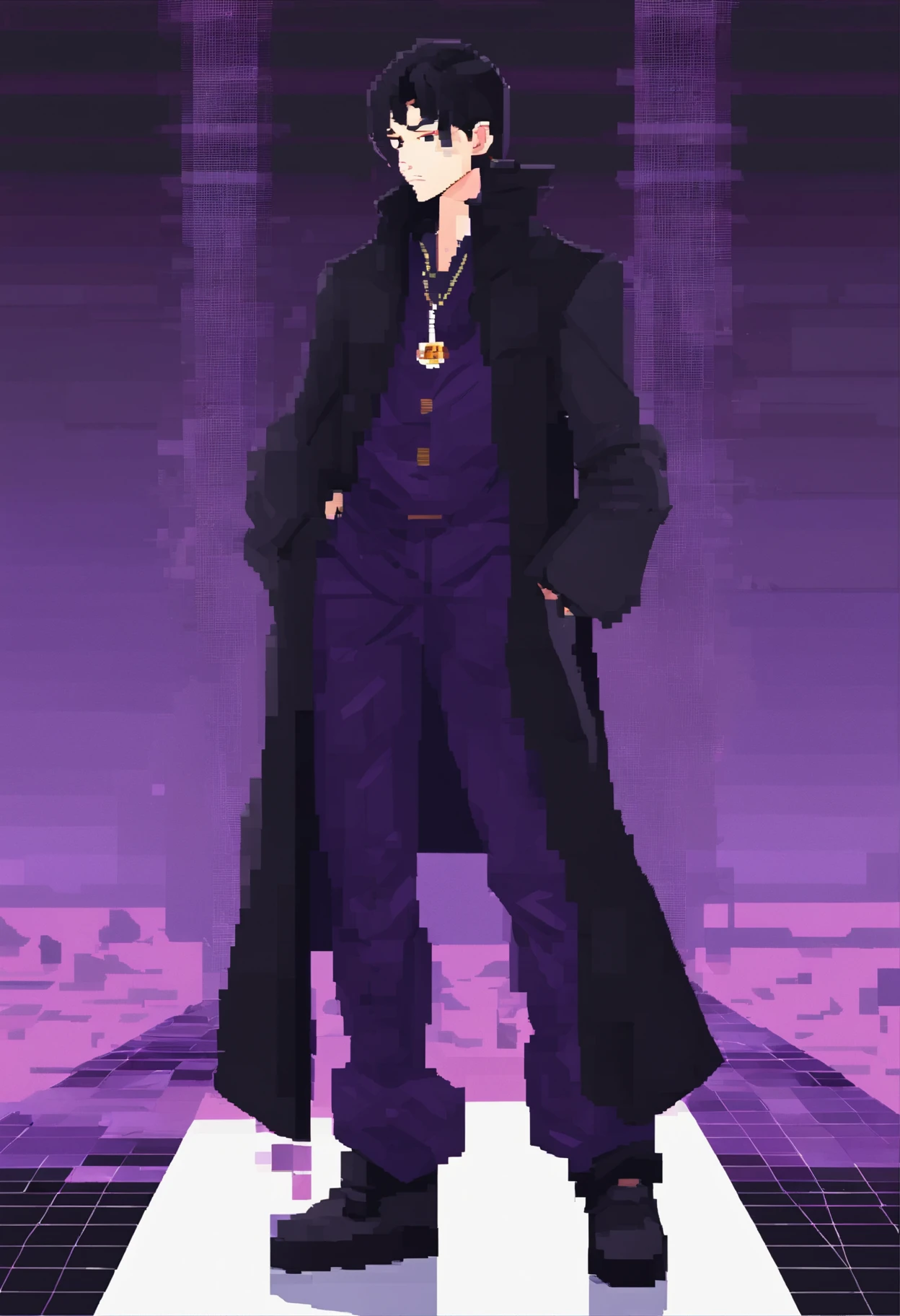 Man with short straight black hair, eyes closed, beautiful, apathetic face, wearing a black coat with purple details, black fabric pants, black shoes, necklace with a single purple stone. 4khd,