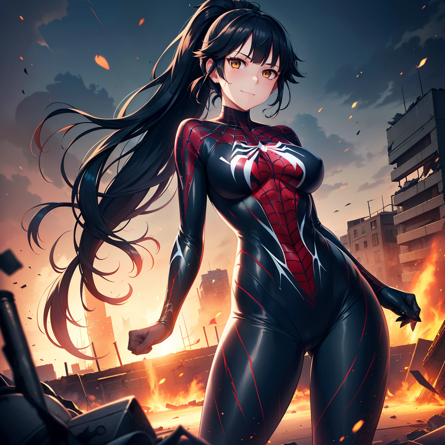 1girl,,big breasts,standing in ruined city,(8k),scratches,detailed face,black hair,brown eyes,very long hair,embarassed,small smile face,ponytail,hair, high_res, high_definition,the battlefield,battle pose,dark suit, (symbiote spider man Custome:1.1),