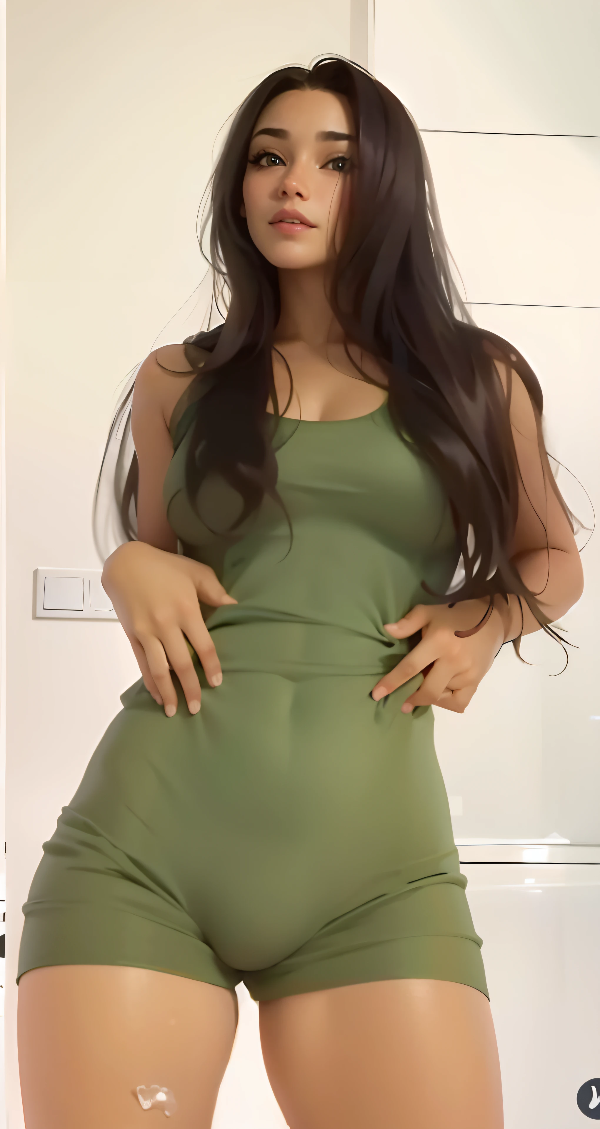 Un primer plano de una mujer con un vestido verde posando para una foto, vestido sexy, vestido ajustado, en un vestido, Traje ajustado, vestido ajustado, Outfit muy sexy, cuerpo sexy, alta delgada hermosa diosa, look sexy, Sexy cuerpo caliente, Ella lleva un vestido verde oscuro, vestido verde, pose sexy, sexy look at the camera, Pose atractiva, cintura diminuta