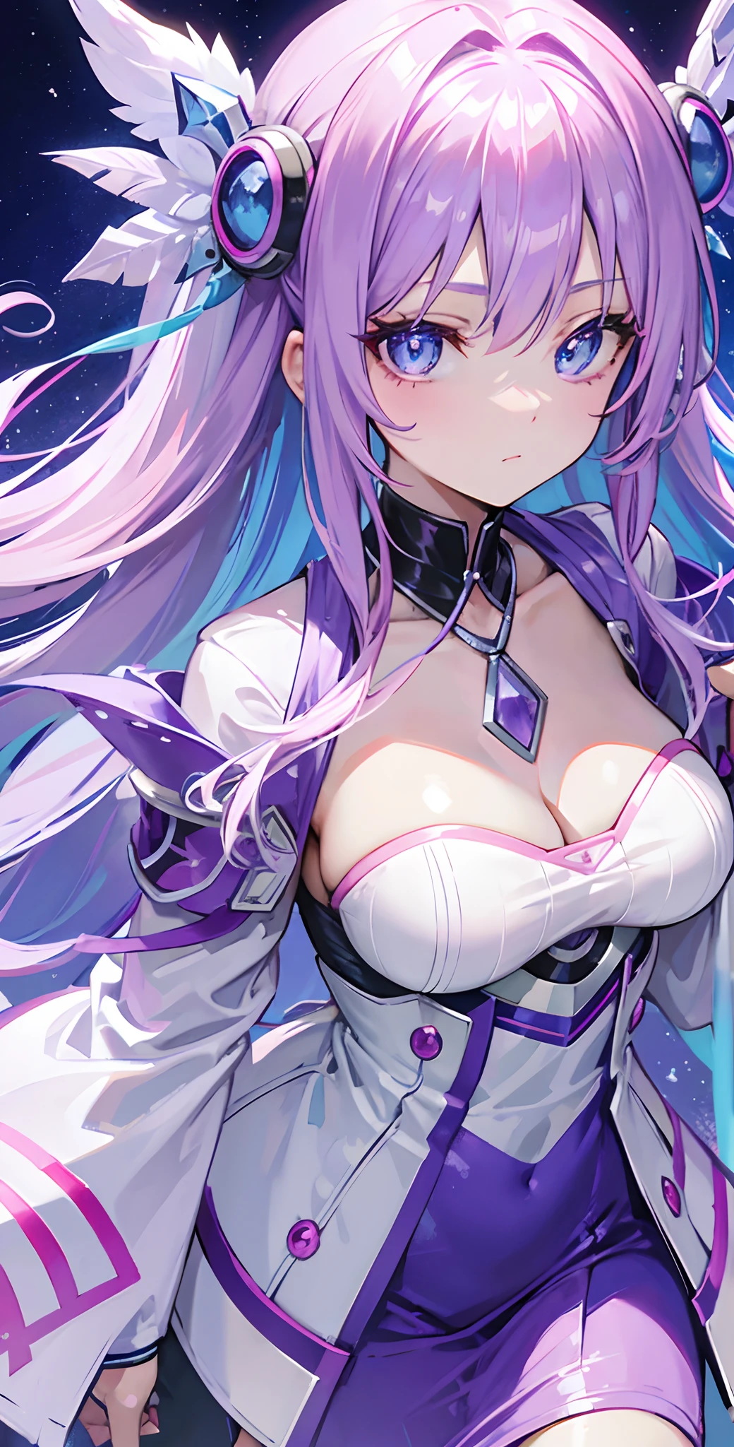 Pink-purple hair,Powder-blue pupils,Silver-blue pendant,A great beauty who captivates the country