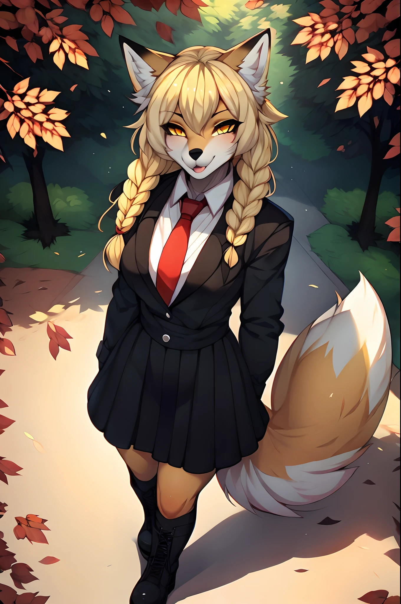 Kimiko, solo:1.3, yellow eyes, blonde hair, cute little fox tail, wearing black pea coat, black skirt, red tie, black boots, looking up at the sky, from above, standing, outdoors, at a public park, leaves scattered everywhere, brown leaves falling from the sky, smiling, mouth open, by hyattlen, by claweddrip