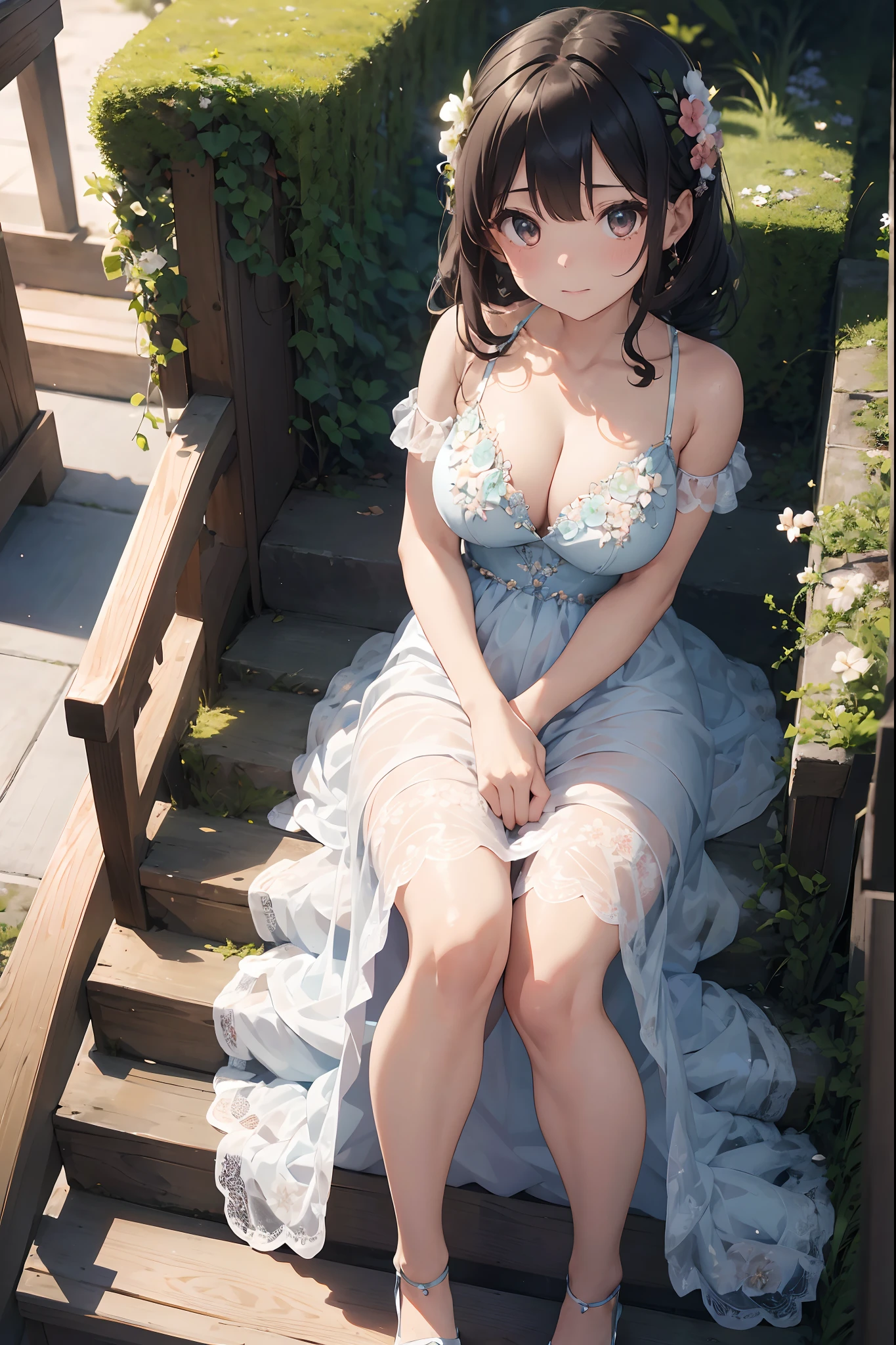 In the midst of a vibrant summer garden, there stands a strikingly beautiful girl who seems to embody the very essence of beauty and grace. Her dress is a masterpiece of artistry and fashion, designed to complement her natural radiance.

She wears a flowing, ankle-length sundress that appears as if it's woven from the petals of a thousand delicate flowers. The fabric is a gossamer-thin, ethereal material that catches the sunlight and shimmers with a subtle iridescence (material: 1.0). The dress is adorned with intricate floral embroidery, each bloom painstakingly stitched with an array of colors that mimic the garden's blossoms (embroidery detail: 1.0).

The bodice of her dress is elegantly fitted, accentuating her slender figure while providing a perfect canvas for the artistry of the gown (bodice: 1.0). Delicate spaghetti straps crisscross over her shoulders, allowing her smooth, sun-kissed skin to bask in the warmth of the day (straps: 1.0).

The neckline of the dress is a gentle sweetheart shape, framing her collarbone and drawing attention to her graceful neck (neckline: 1.0). As the dress flows downward, it cascades in gentle waves, with a slight train that brushes the ground behind her (flowing design: 1.0).

Completing the ensemble, she wears a pair of dainty, sandals with intricate, bejeweled straps that twinkle like stars with each step (footwear: 1.0). Her hair is styled in loose, sun-kissed waves, adorned with a single, delicate flower tucked behind one ear (hairstyle: 1.0, floral accent: 1.0).

This beautiful girl stands as a living embodiment of nature's splendor, her dress a harmonious blend of art and elegance, seamlessly integrated with the blossoming garden that surrounds her.