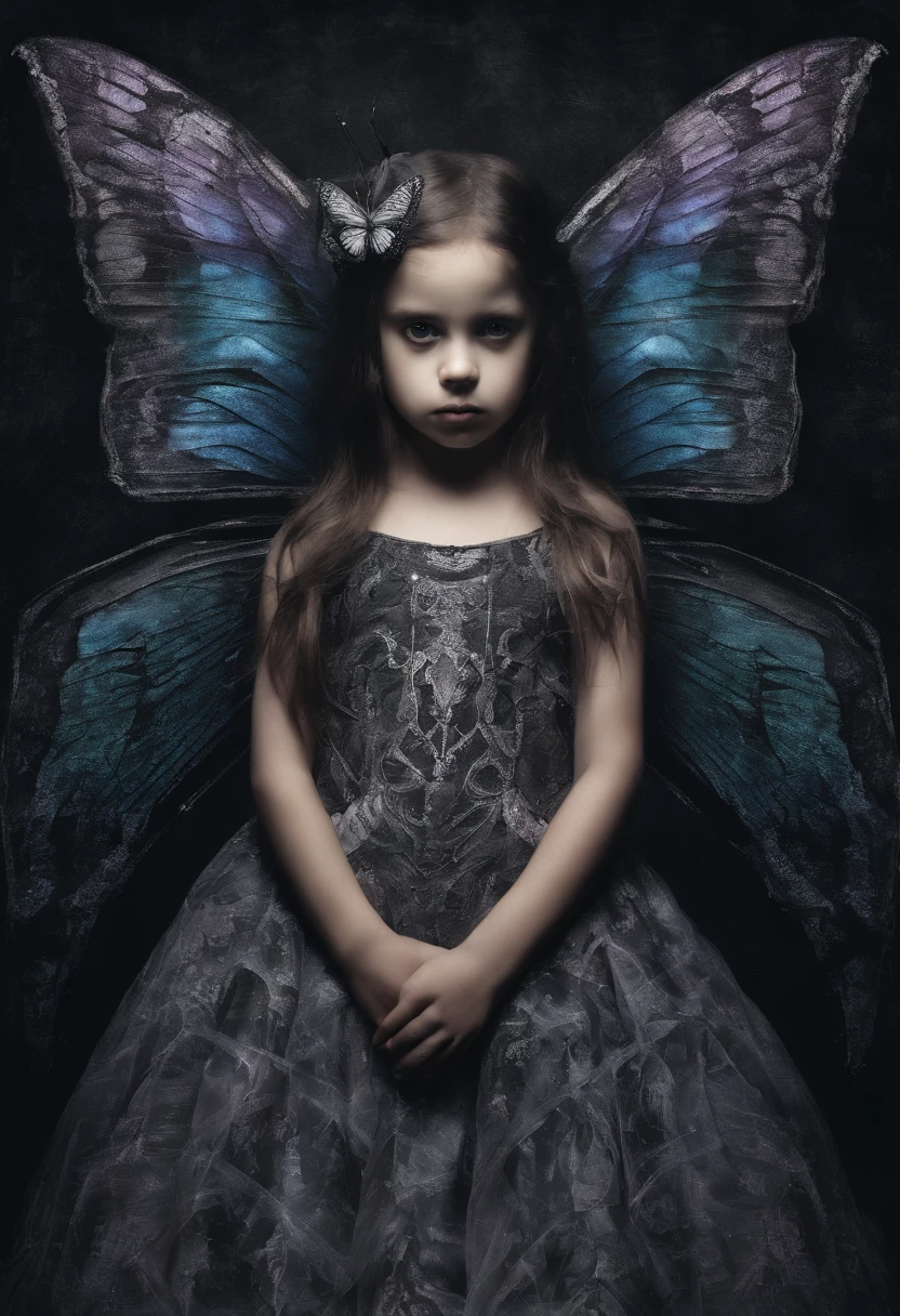 A daughter wearing a dress with butterfly wings that have a vibrant, iridescent pattern.