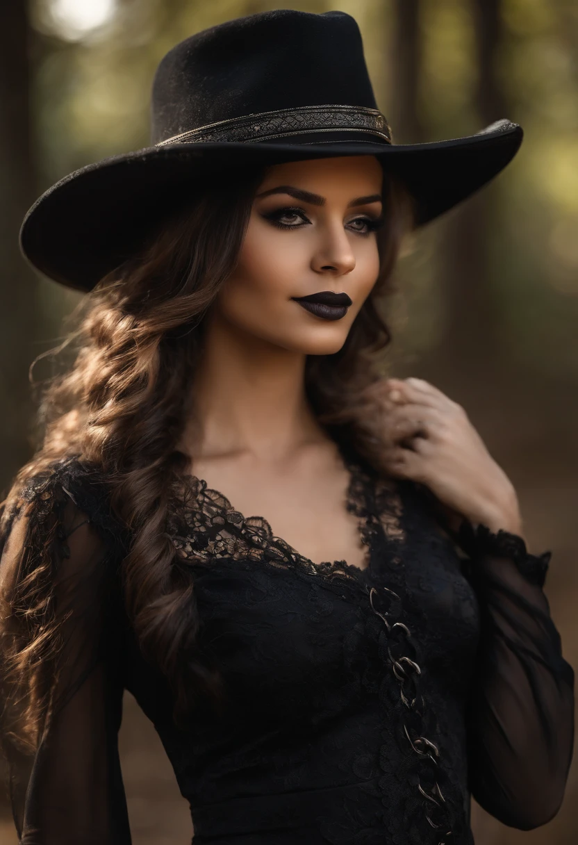 Uma mulher jovem, com a pele morena, altura mediana, cabelos pretos, hair with braids and fringes, Gothic dress, vestido preto, vestido estilo boiadeiro, wearing black cowboy hat on head, vestido com manga longa preto, bota preta, bota comprida, tem cinto preto, boca com batom roxo e sombra preta, gothic scenario, em formato desenho realista 8k.